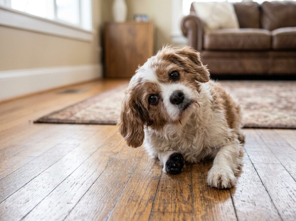 仔犬が首をかしげる