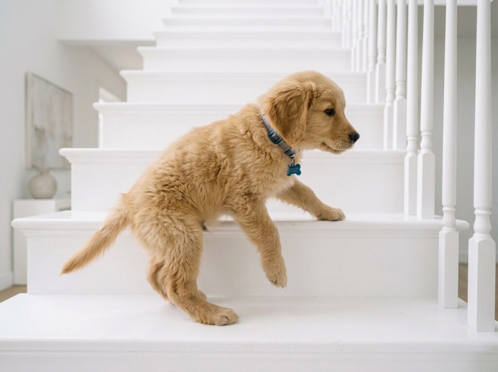 仔犬が階段を登る
