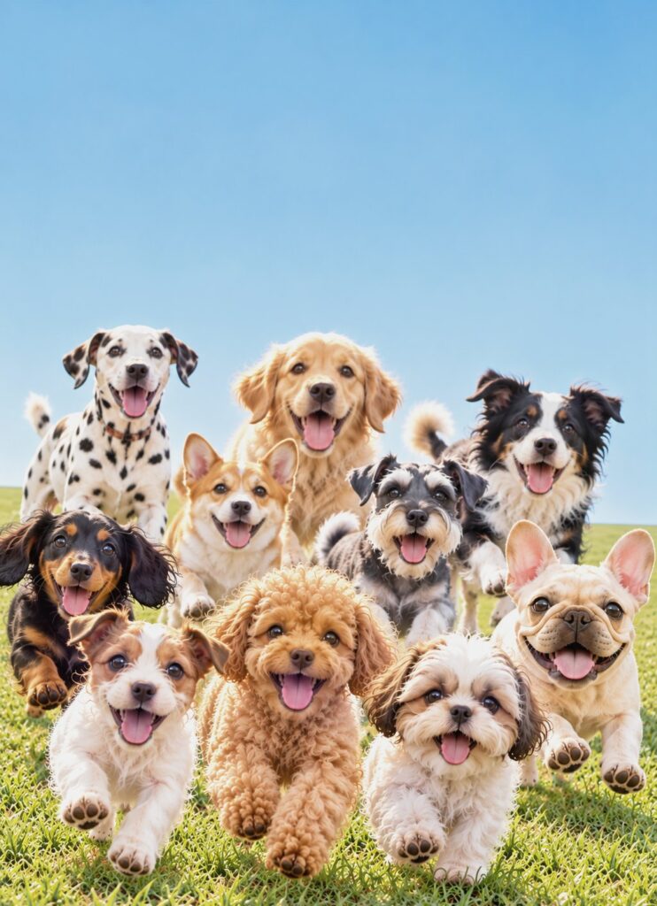 青空の草原を元気に走ってくるさまざまな犬種の犬たち